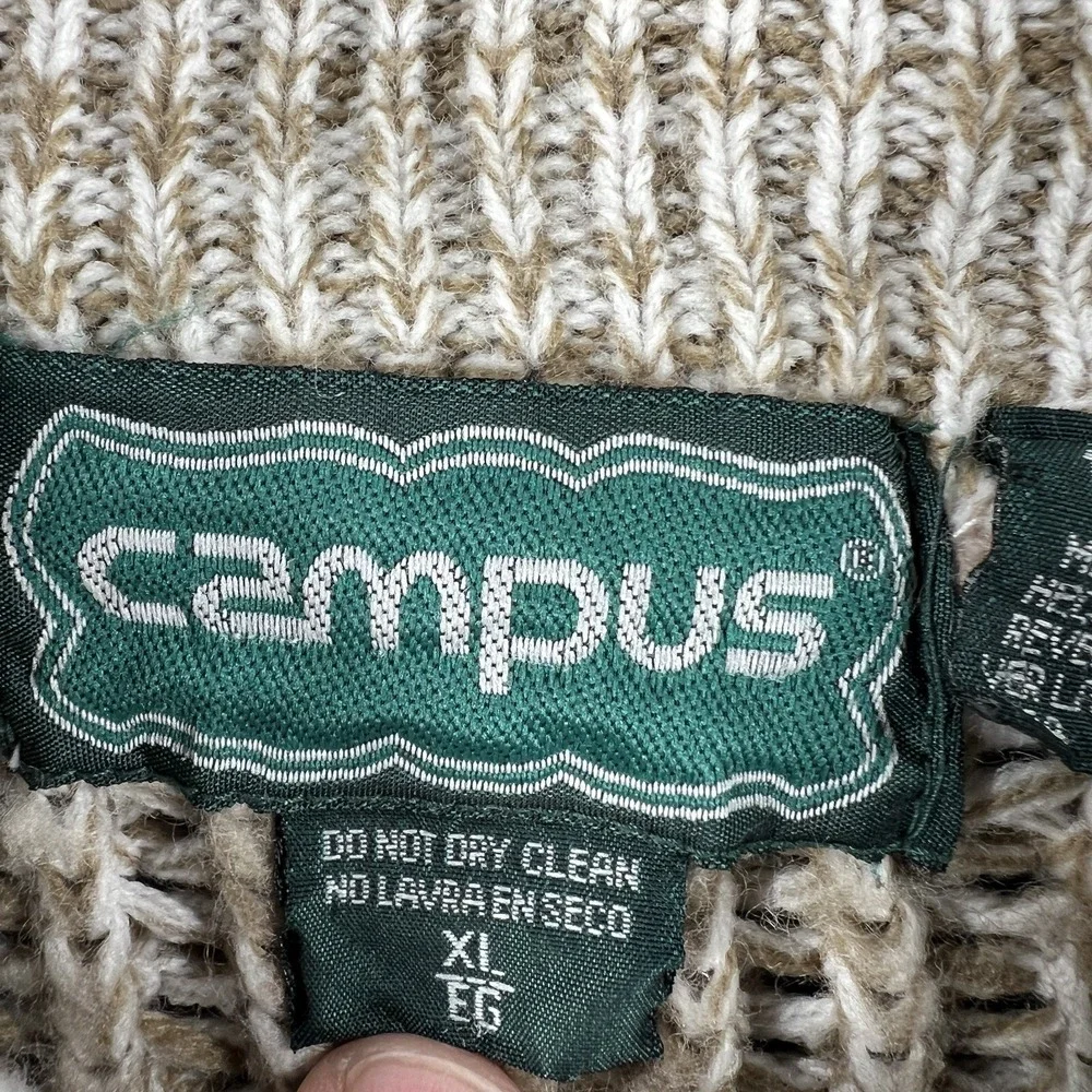 Campus Sweater Mens XL Extra Large Beige Chunky Knit 1/4 Button Pullover